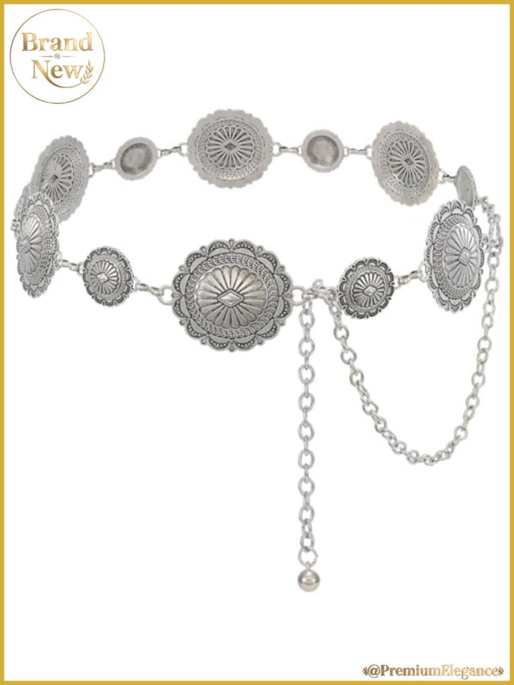 Western Concho Chain Belt Adjustable Metal Waist Belt for Dresses Jeans